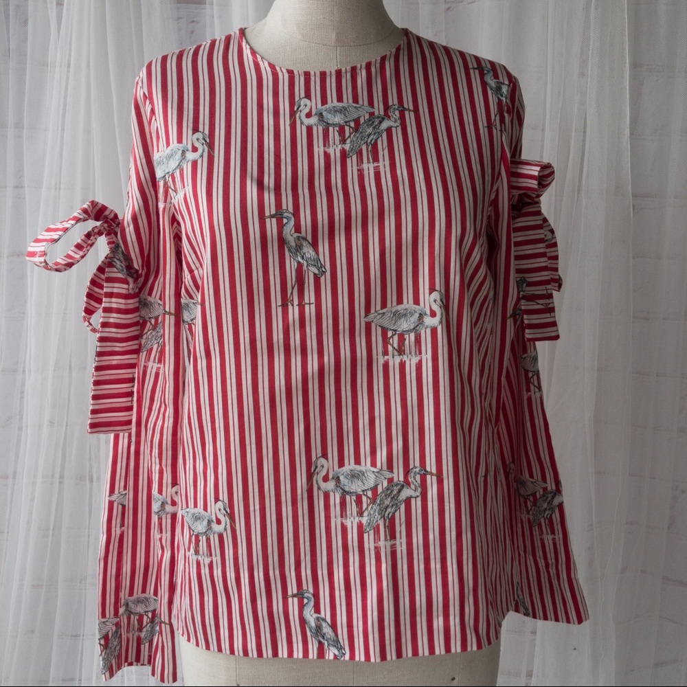 Zara Women’s Red Vertical Striped Heron Bird Print Bow/Long Sleeve Blouse XS